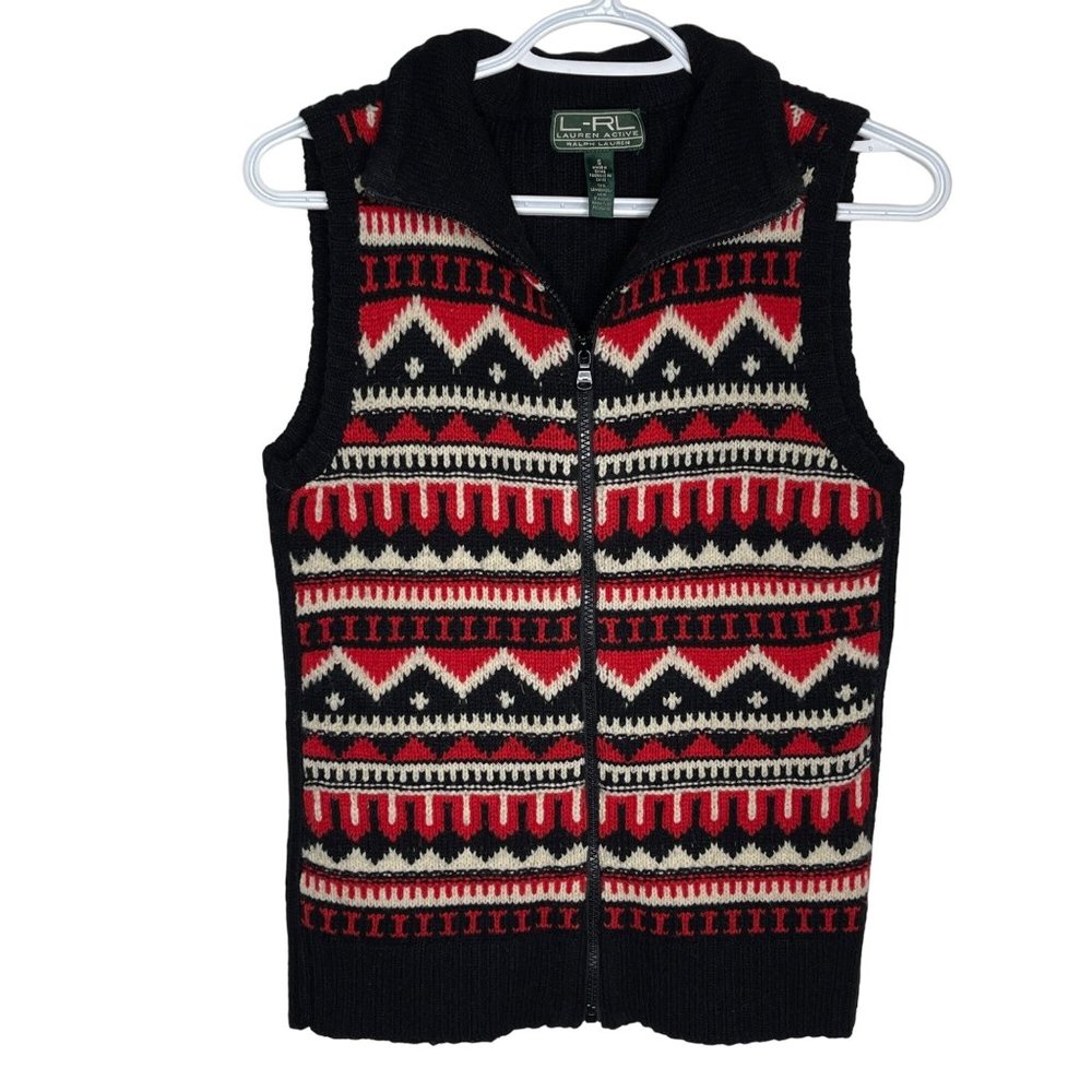 Lauren Active Ralph Lauren Sweater Vest Fair Isle Wool Blend Zip Up Red Black S